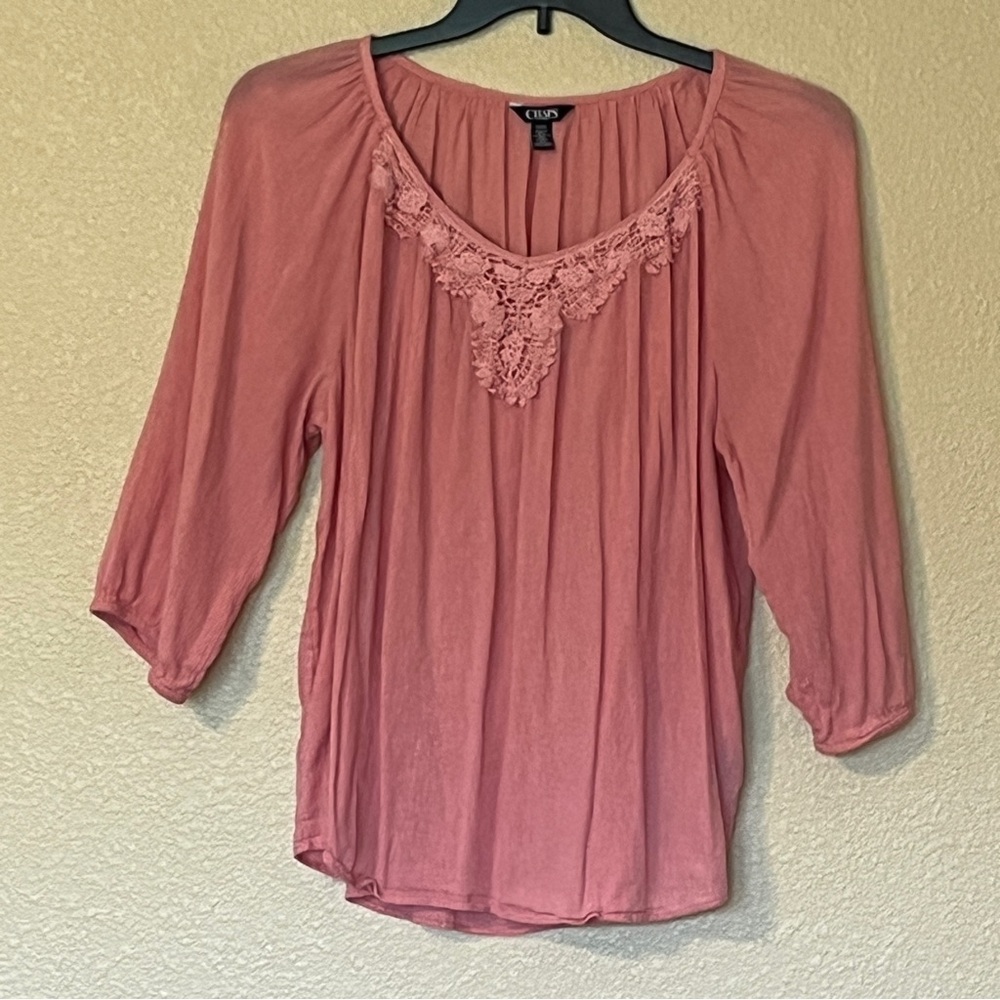 Chaps Women's L Blush Pink 3/4 Sleeve w/ Crochet Accent Lightweight Top